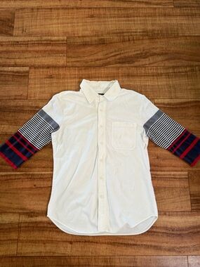 Men's General Idea White Button-Down Shirt with Navy & Red Striped Sleeves